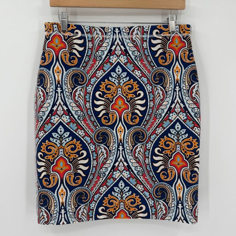 J McLaughlin Reversible Halle Pencil Scuba Skirt Medium Blue White Gold Coral